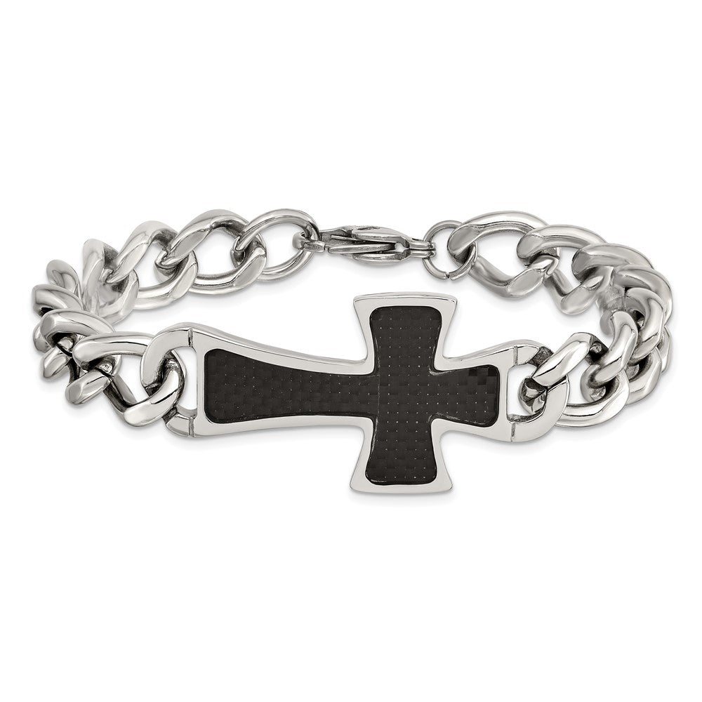 Stainless Steel Polished Black Carbon Fiber Inlay Cross 8.5in Bracelet 8.5 inches