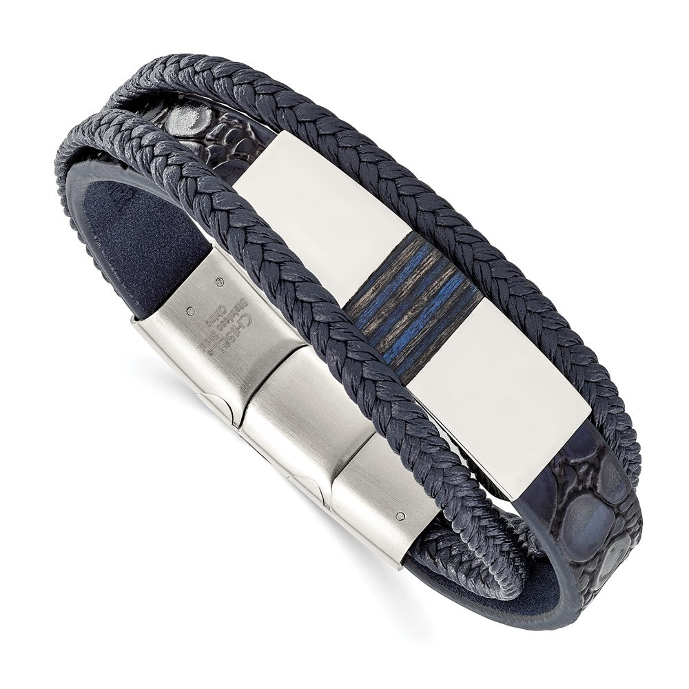 Stainless Steel Polished Blue Wood Blue Leather 8in w/.5in ext Bracelet 8 inches