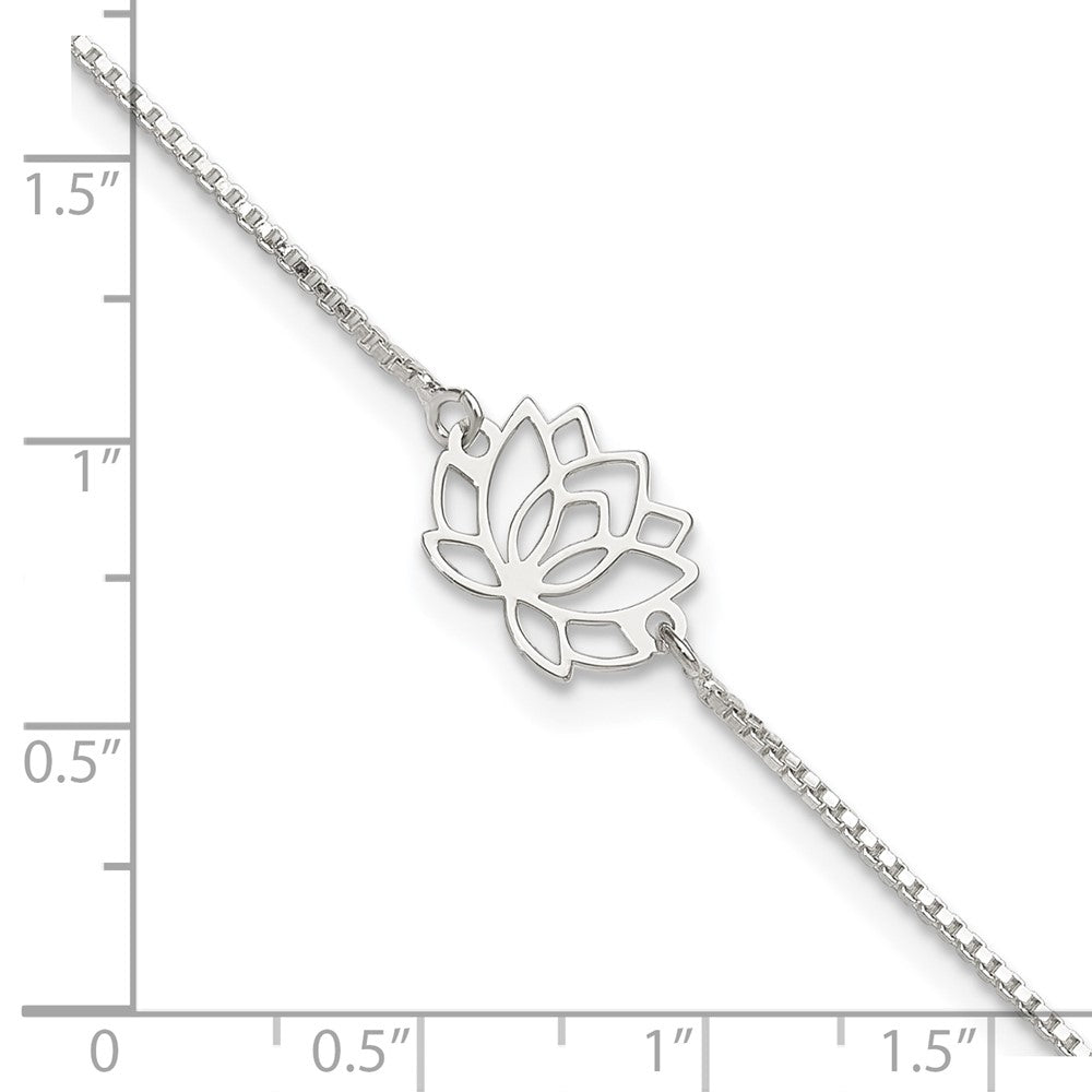 Sterling Silver Lotus with Blue Fabric Tassel 9in Plus 1in ext. Anklet 9 inches