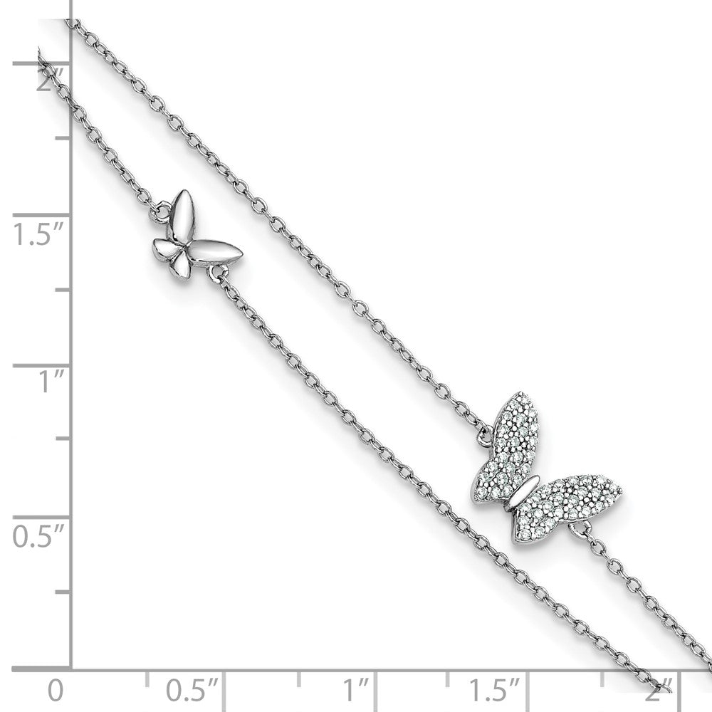 Sterling Silver Rhodium-plated Polished Two-Strand CZ Butterflies 9 Inch Plus 1 Inch Extension Anklet