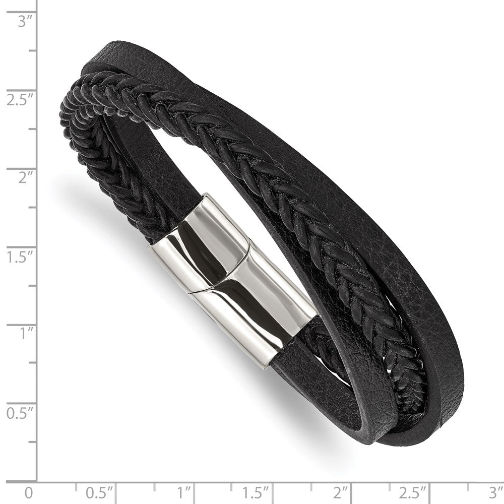 Stainless Steel Polished Black Leather Multi-Strand 8.25in Bracelet 8.25 inches