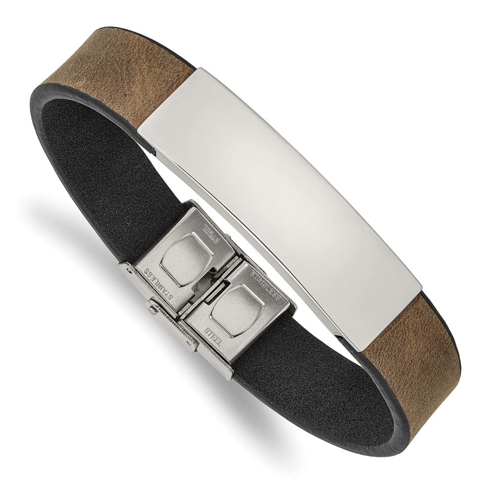 Stainless Steel Polished Brown/Black Leather 8.25in ID Bracelet 8.25 inches