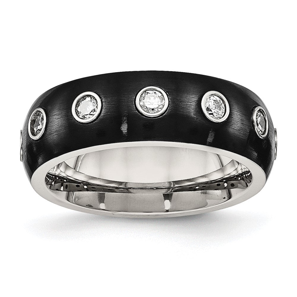 Stainless Steel Brushed/Polished Black IP-plated CZ Half Round 7mm Band Size - 7
