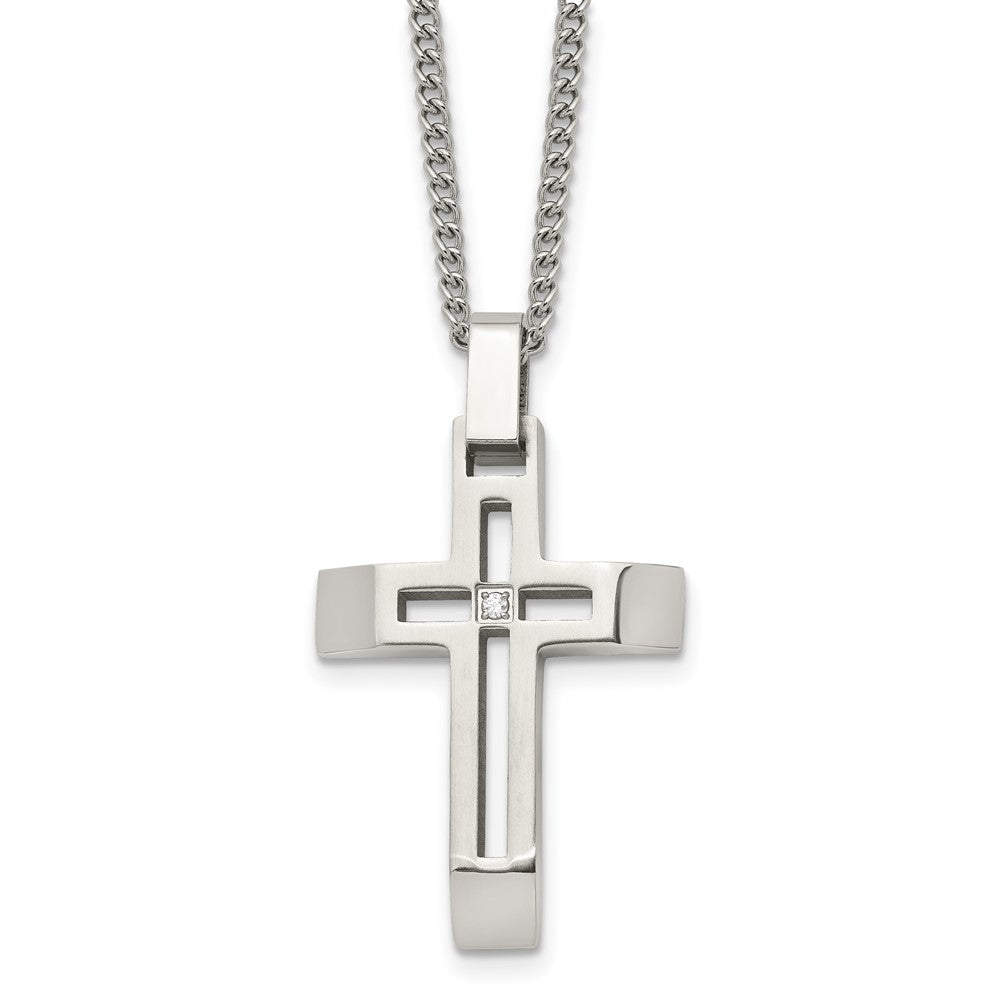 Stainless Steel Brushed and Polished Cross with CZ Necklace