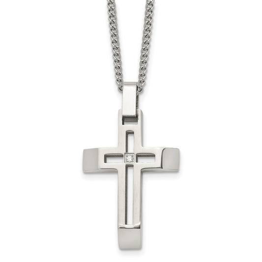 Stainless Steel Brushed and Polished Cross with CZ Necklace