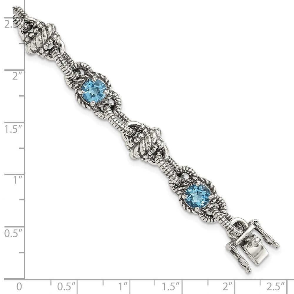 Shey Couture Sterling Silver Antiqued 7.75 Inch Round Swiss Blue Topaz Bracelet 7.75 inches