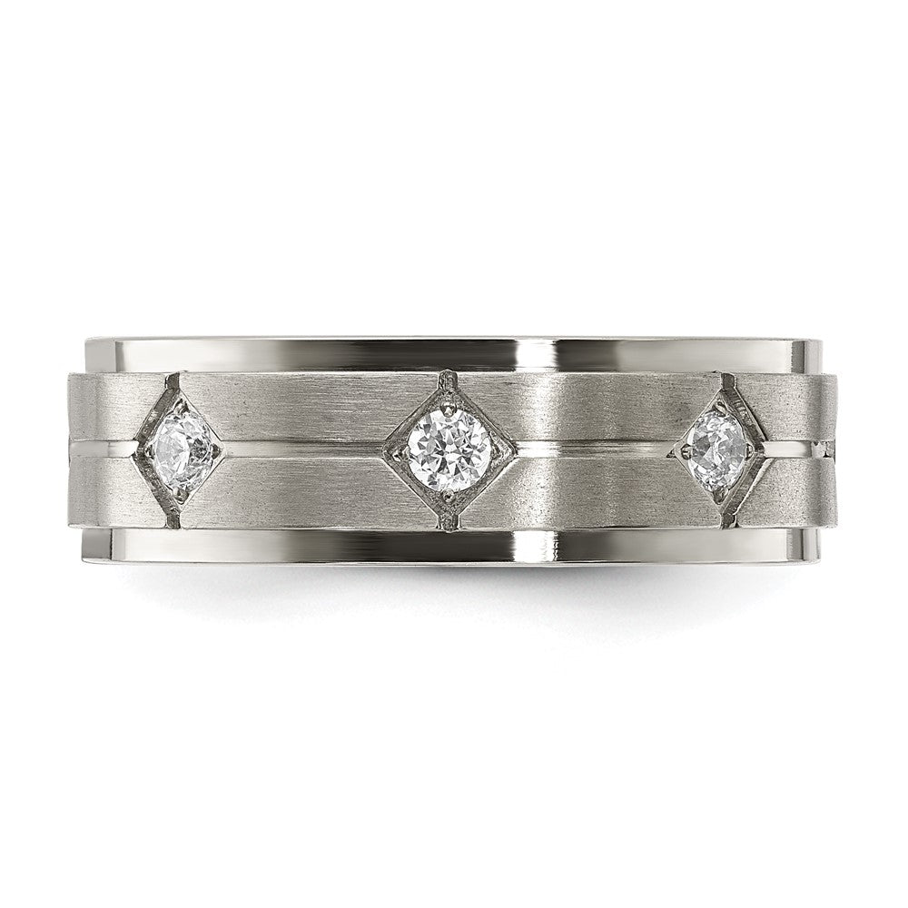 Stainless Steel Polished w/Brushed Center with CZ 7.00mm Band Size - 9