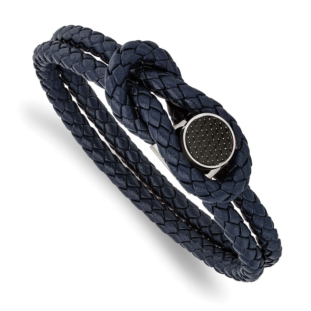 Stainless Steel Polished w/Carbon Fiber Inlay Navy Leather 8.5in Bracelet 8.5 inches