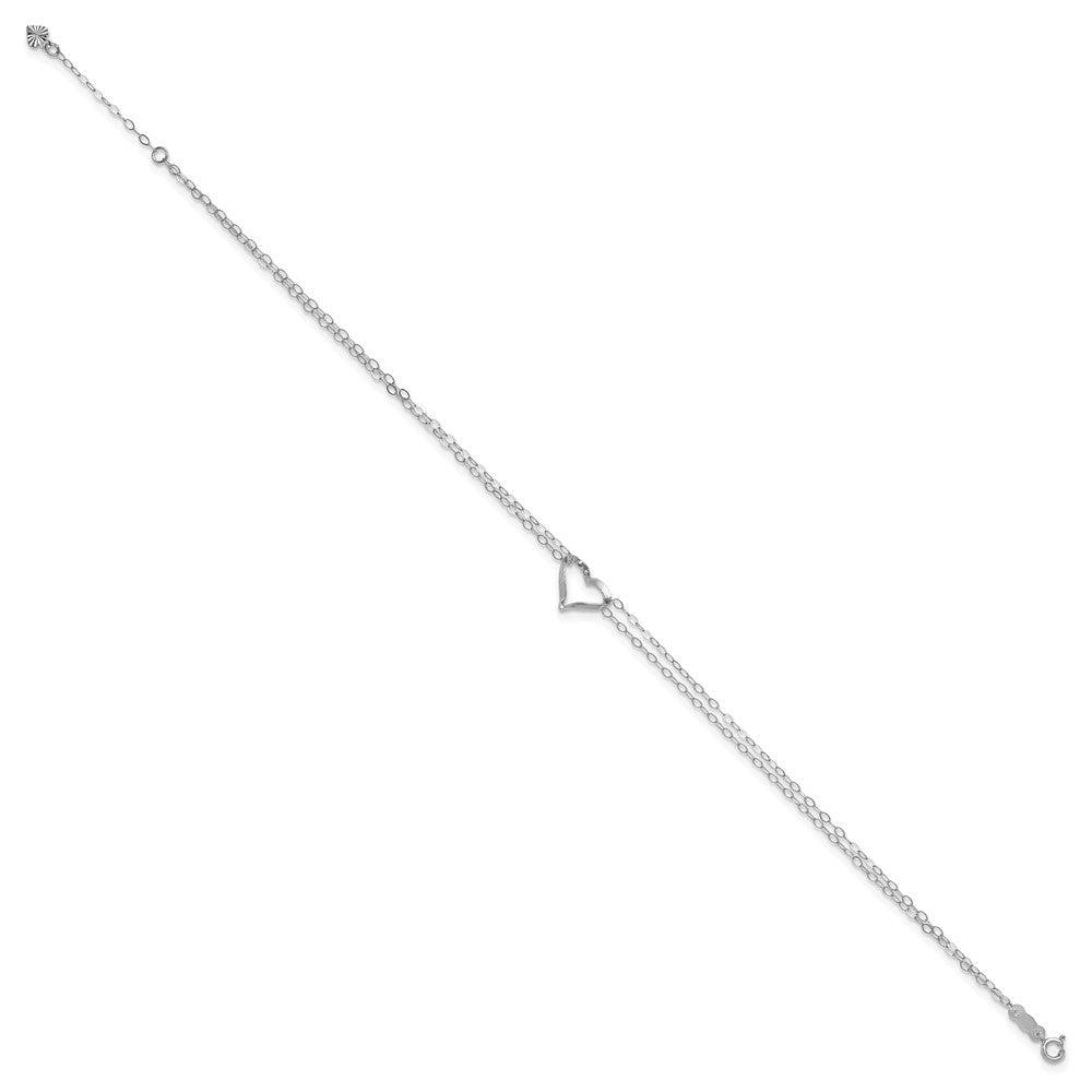 14k White Gold Double Strand Heart 9in Plus 1in ext. Anklet 9 inches