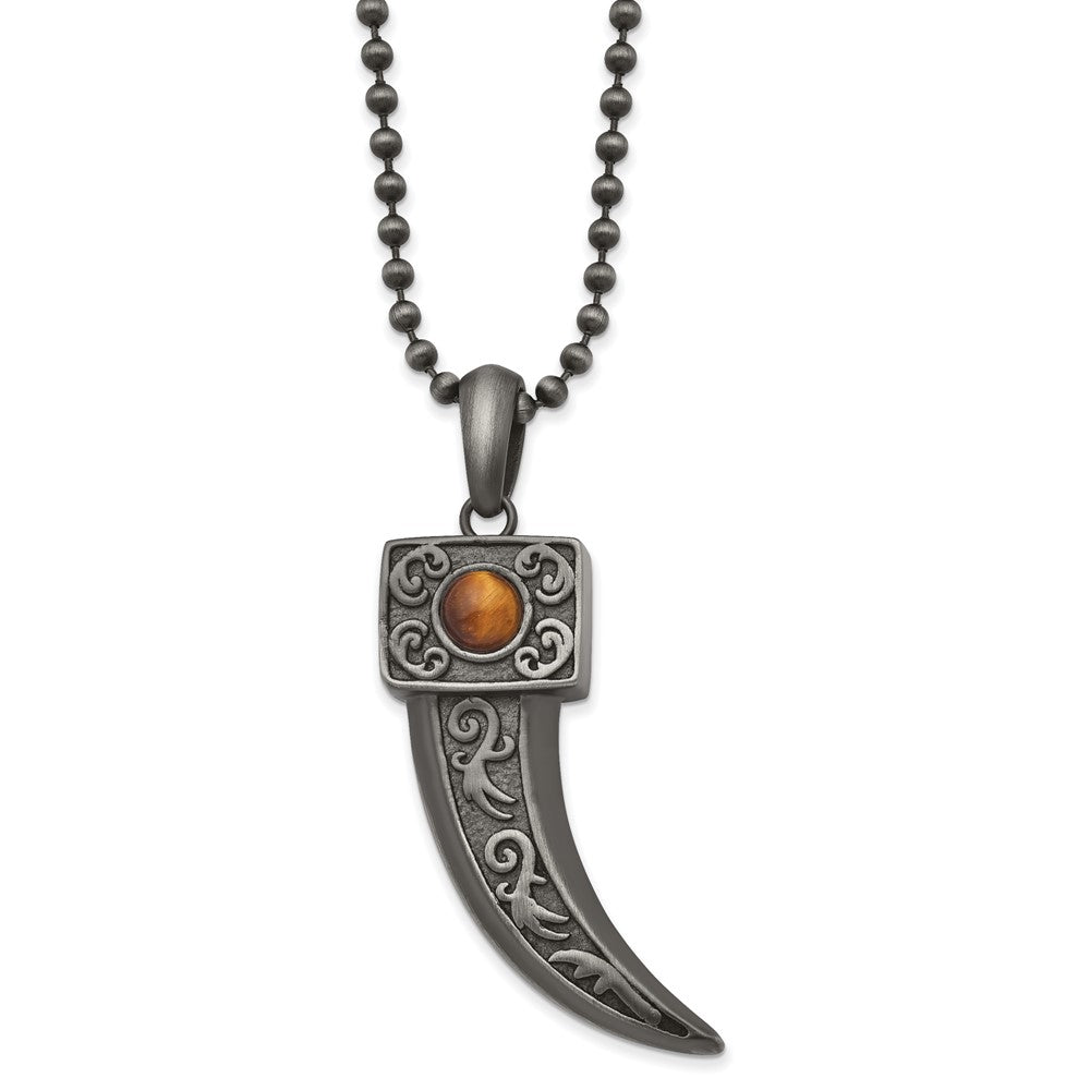 Stainless Steel Antiqued White Bronze Plated w/Tiger's Eye Horn Necklace