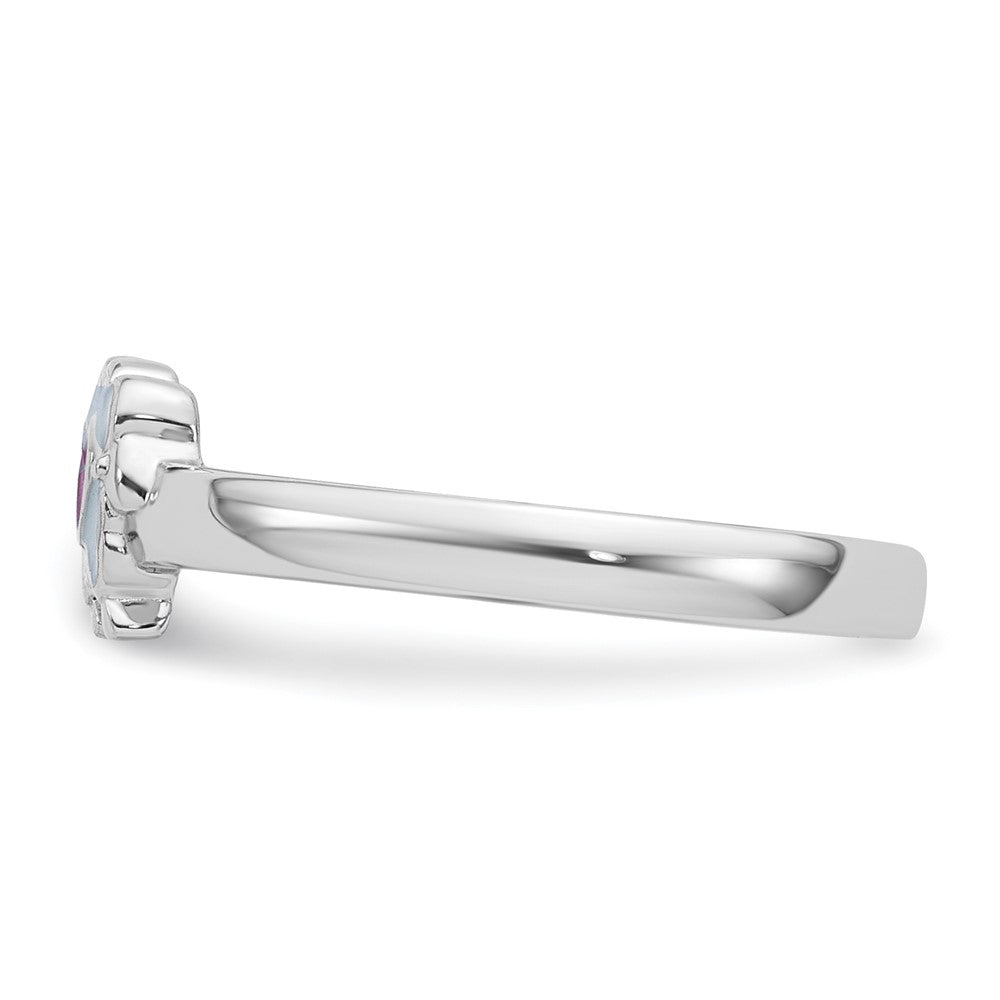 Sterling Silver Rhodium-plated Children's Size 3 White and Pink Enamel Sheep with Heart Ring