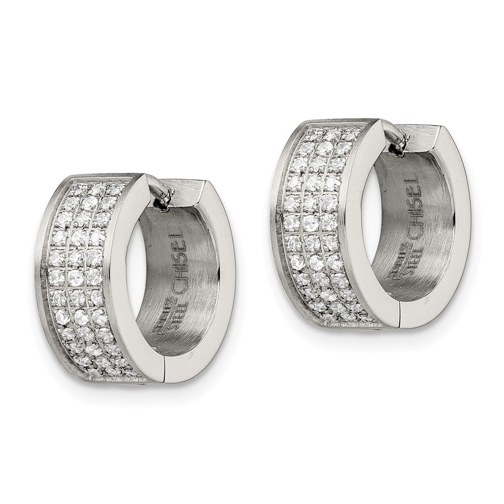 Stainless Steel Brushed and Polished w/CZ 6mm Hinged Hoop Earrings