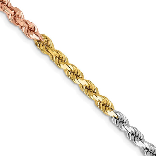 14K Tri-colored 8 inch 4mm Diamond-cut Rope with Lobster Clasp Chain