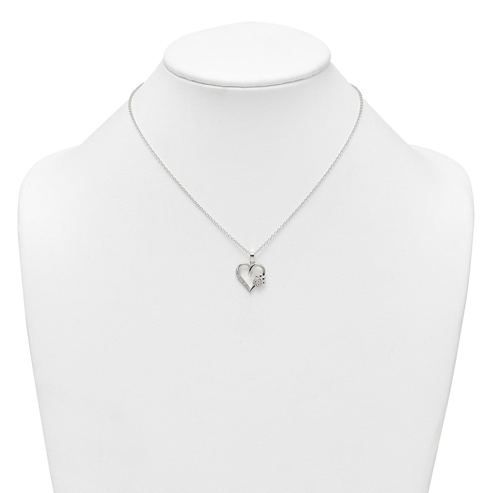 Sterling Silver Polished CZ Heart and Paw Necklace 16 Inches