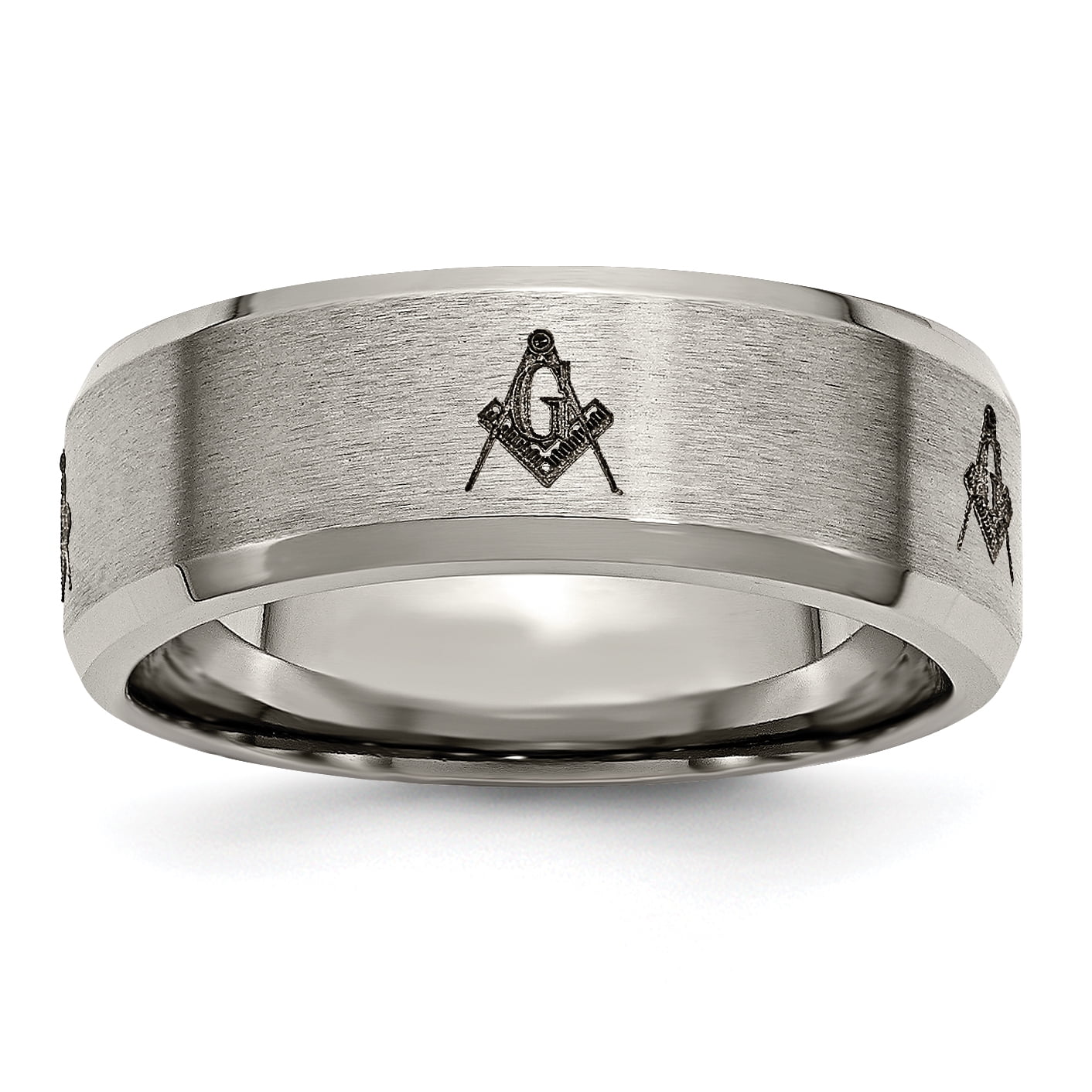 Chisel Titanium Brushed and Polished Masonic Laser Design 8mm Beveled Edge Band TB115M