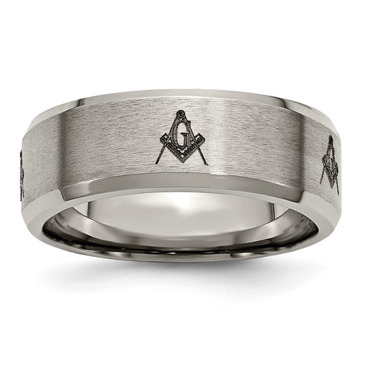 Chisel Titanium Brushed and Polished Masonic Laser Design 8mm Beveled Edge Band TB115M