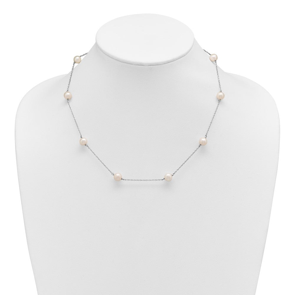 Sterling Silver Rhodium-plated 7-8mm White Near-Round Freshwater Cultured Pearl 9-Stations18 inch Necklace 18 Inches