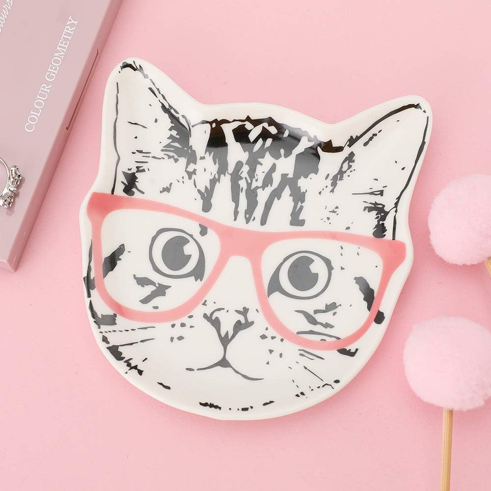 Cat with Pink Glasses Ceramic Trinket Plate and Decorative Jewelry Dish