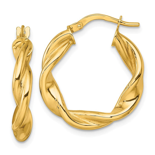 10K Polished Twisted 4.00 x 22mm Tube Hoop Earrings