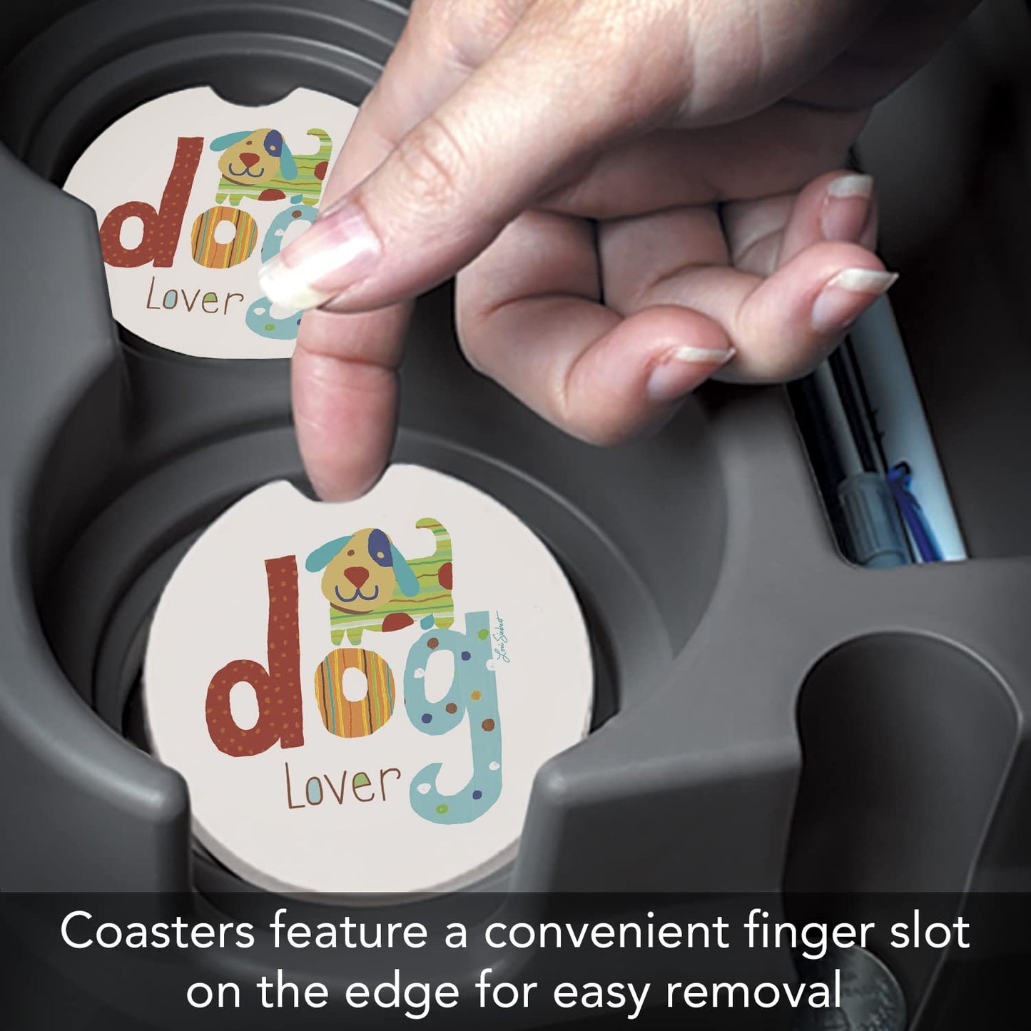 CounterArt "Dog Lover" 1 Pack Absorbent Stone Coaster for Vehicle Cup Holder 2.6” Diameter