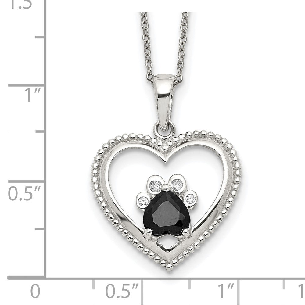 Sterling Silver Black and White CZ Heart with Paw Print 18 inch Necklace 18 Inches