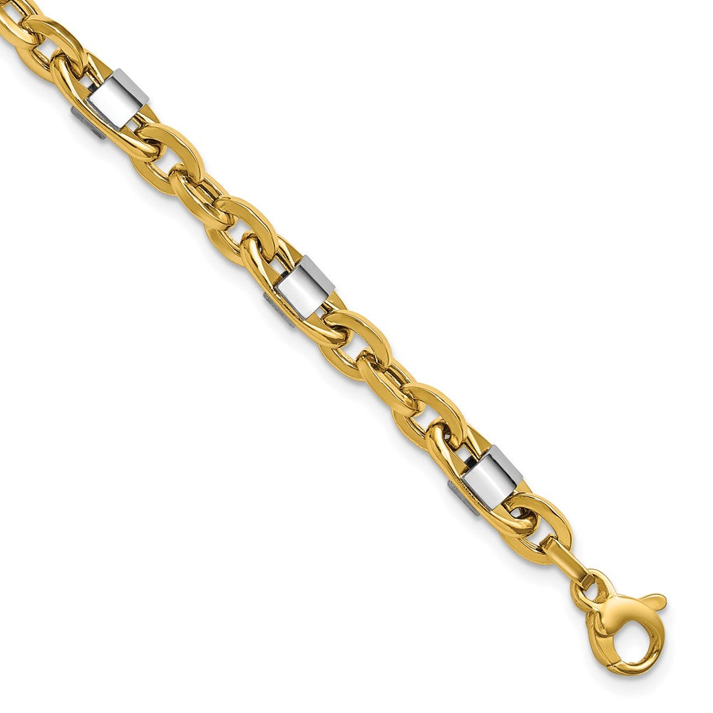 14K w/Wht Rhodium Polished Fancy Oval Men's Link Bracelet 8  inches