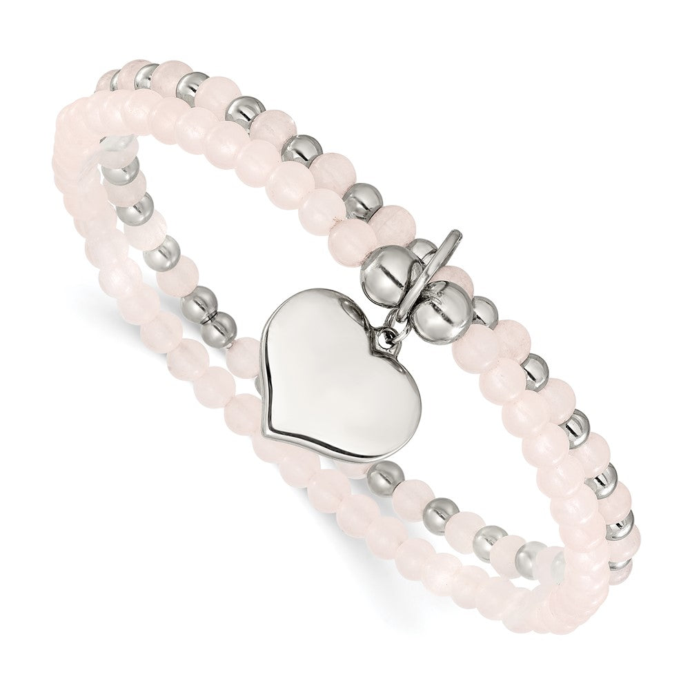 Chisel Stainless Steel Polished Heart 3-4mm Pink Quartz Two Strand 7.75 inch Stretch Bracelet 8 inches