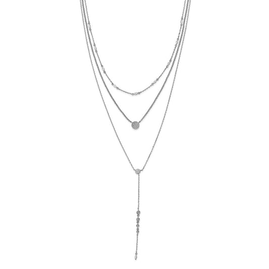Sterling Shimmer Sterling Silver Rhodium-plated Adjustable up to 28 inches 61 Stone CZ 3 Strand Layer Y-Drop Necklace 28 Inches
