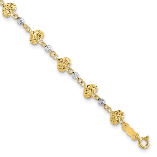 14K Two Tone D/C Heart Link Bracelet 7  inches