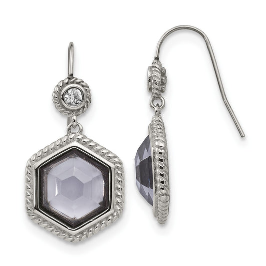 Stainless Steel Antiqued and Polished w/Grey Glass and CZ Earrings