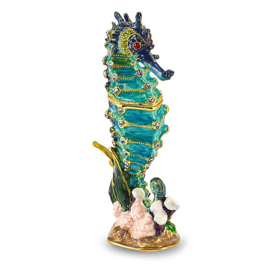 Luxury Giftware Pewter Bejeweled Crystals Gold-tone Enameled SIMON Seahorse Trinket Box with Matching 18 Inch Necklace Q-BJ4009
