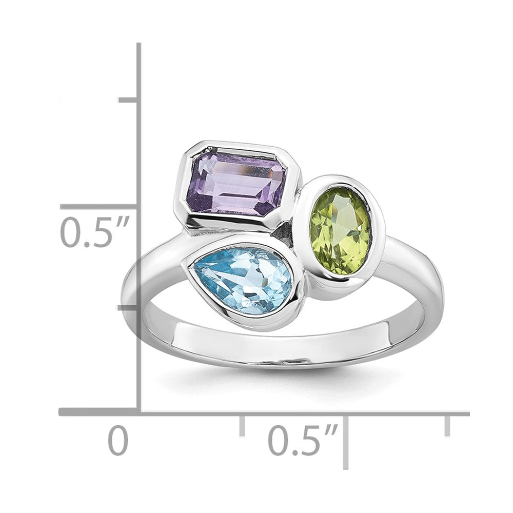 Sterling Silver Rhodium-plated Polished Pear Blue Topaz, Oval Peridot and Emerald-cut Amethyst Size 7 Ring