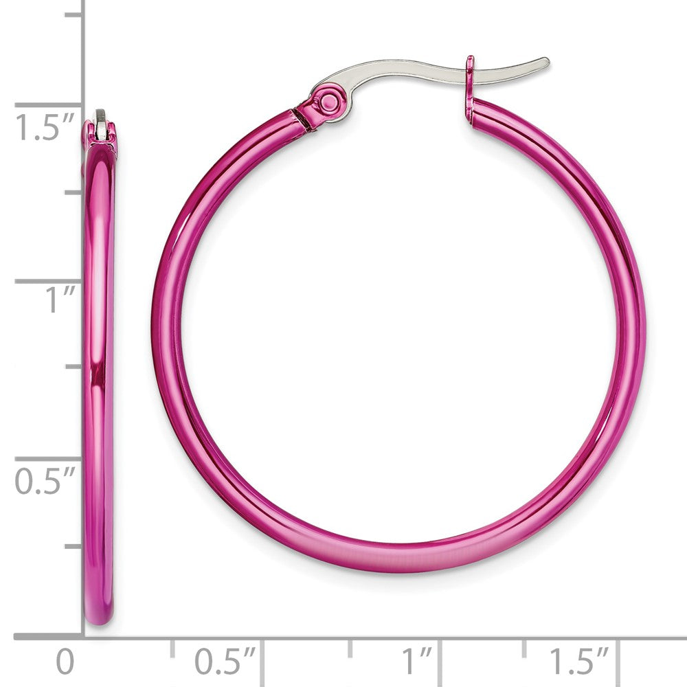 Stainless Steel Polished Pink IP-plated 32mm Diameter Hoop Earrings