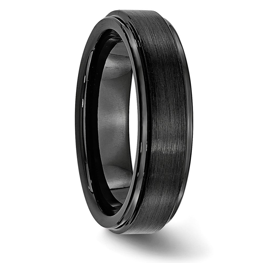 Black Ceramic Ridged Edge 6mm Brushed and Polished Band Size - 6