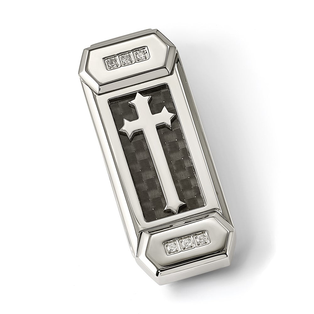 Chisel Stainless Steel Polished with CZ and Carbon Fiber Inlay Cross Money Clip
