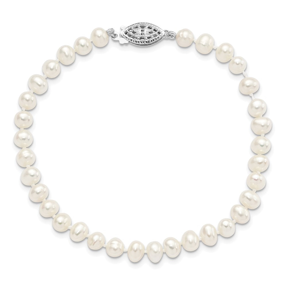 Sterling Silver Rhodium-plated 5-6mm White Near-Round Freshwater Cultured Pearl 7.25 inch Bracelet 7.25 inches