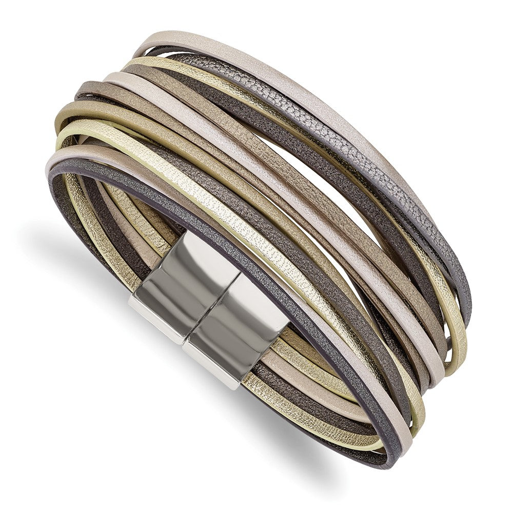 Stainless Steel Polished Multi-Strand Metallic Faux Leather 7.25in Bracelet 7.25 inches