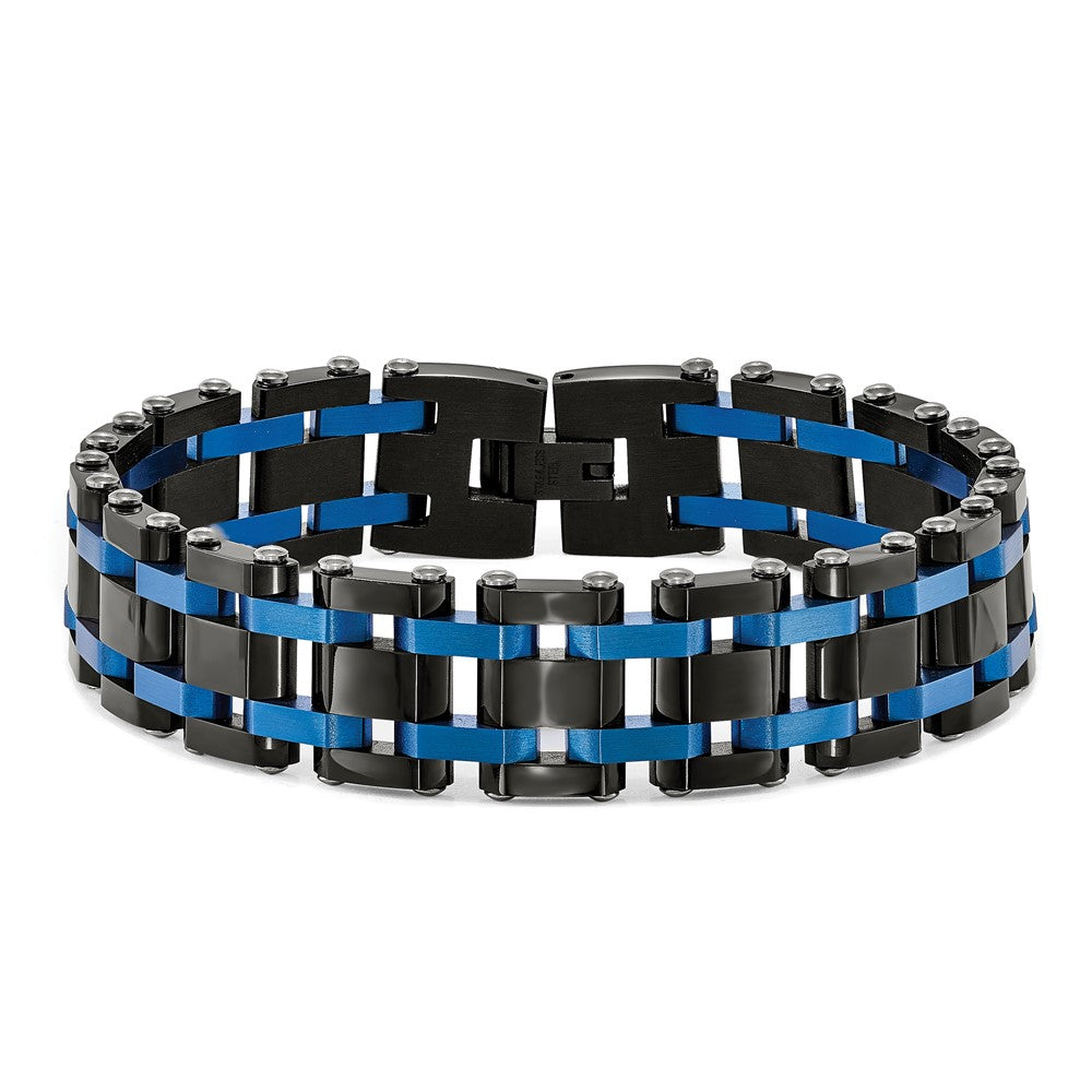 Stainless Steel Brushed and Polished Black/Blue IP-plated 8.5in Bracelet 8.5 inches