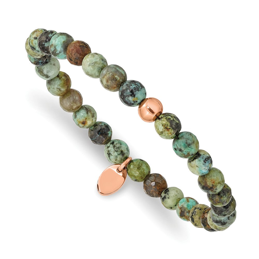 Stainless Steel Polished Rose IP-plated African Turquoise Stretch Bracelet 6.5 inches