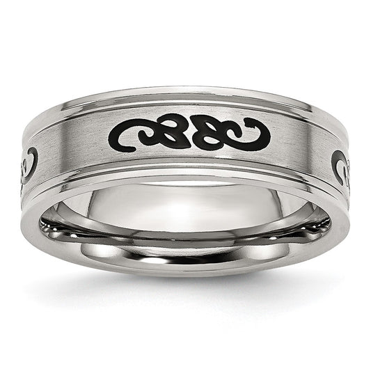 Stainless Steel Brushed w/Black Rubber Design 7mm Ridged Edge Band