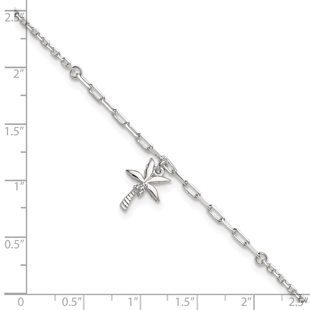 Sterling Silver Polished White CZ Palm Tree Dangle 9 inch with 1 inch Extension Anklet
