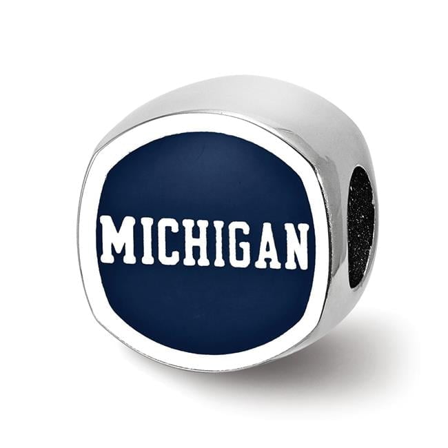 Sterling Silver Rhodium Plated U of Michigan Enamel Cushion Bead Charm