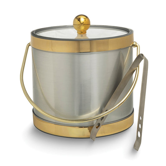 Silver with Gold Two-tone Metallic Mylar Double Wall Insulated Three Quart Ice Bucket with Stainless Steel Tongs