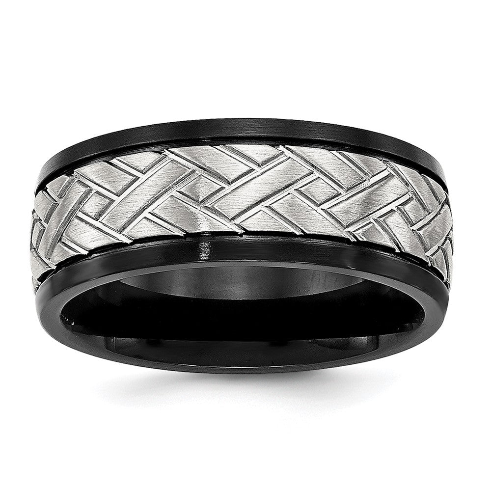 Stainless Steel Brushed Black IP-plated 8mm Grooved Band Size - 10
