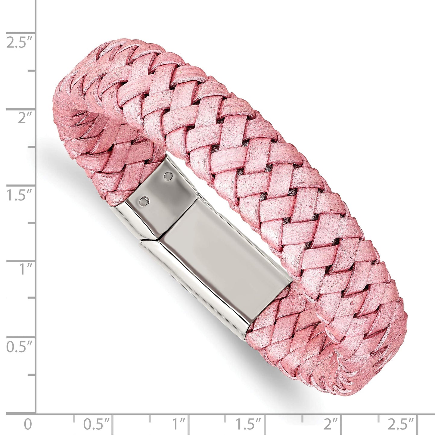 Stainless Steel Polished Metallic Pink Woven Leather 7.5in Bracelet 7.25 inches