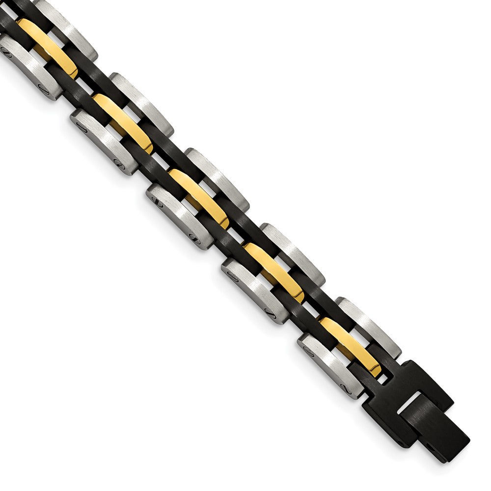Stainless Steel 8.25in Brushed & Polished Black & Yellow IP Link Bracelet 8.25 inches