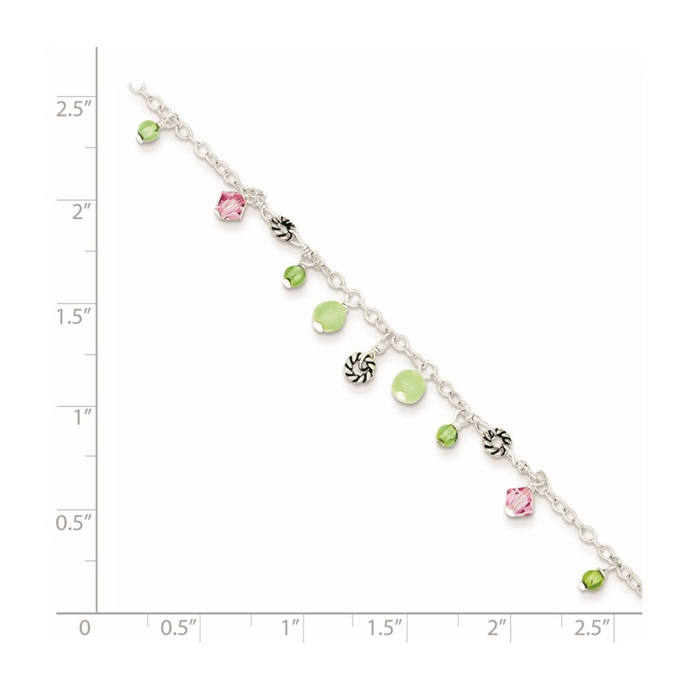 Sterling Silver 9in Pink Crystal Green Quartz Peridot Beads Anklet 9 inches