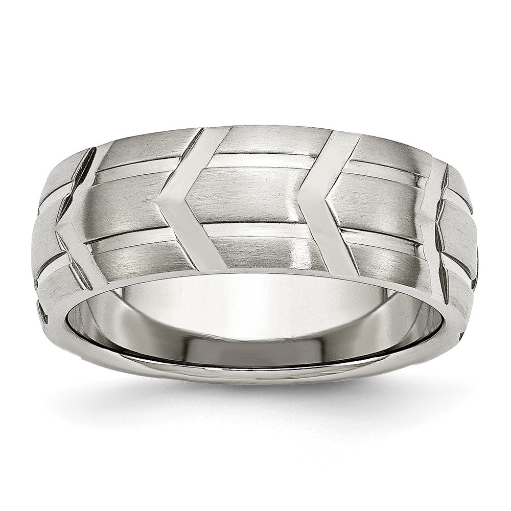 Stainless Steel Brushed and Polished 8mm Grooved Band Size - 12.5