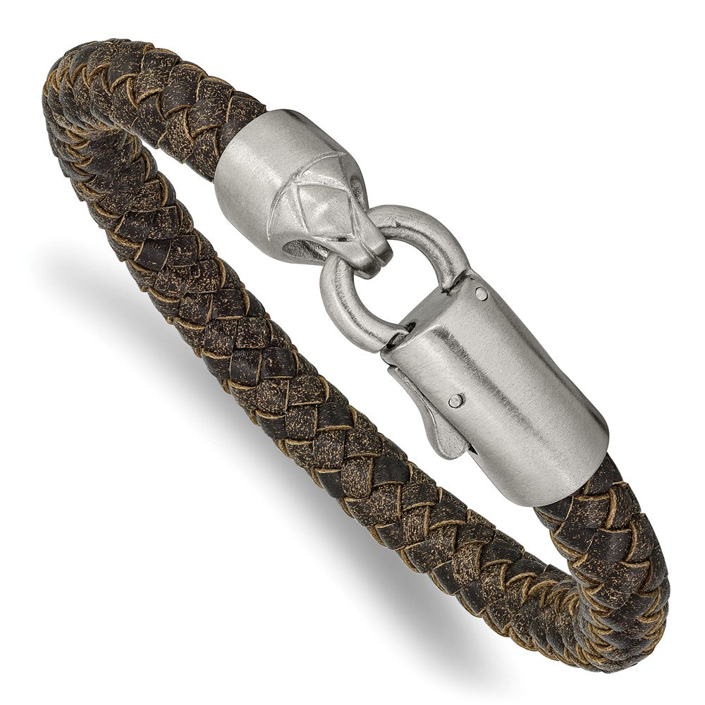 Stainless Steel Brushed Brown Leather 8.25in Bracelet 8.25 inches