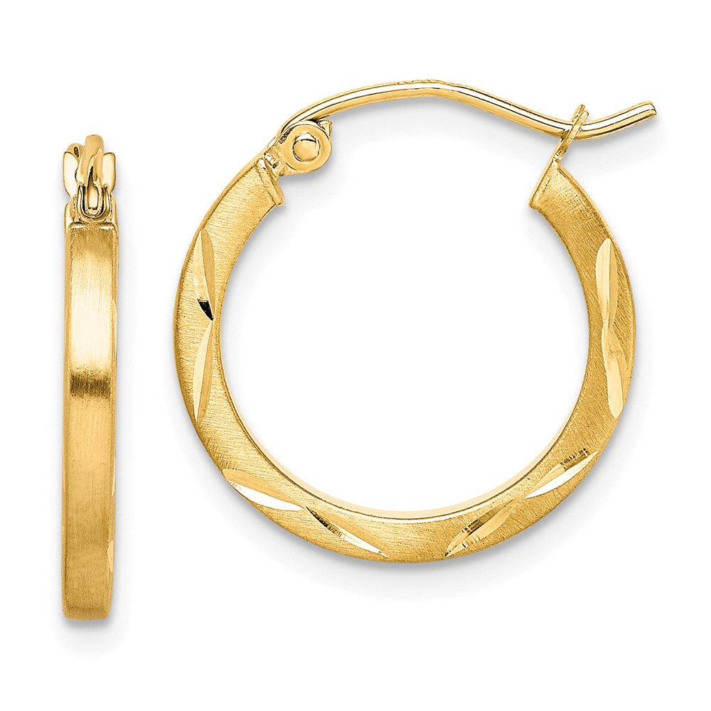 10K Satin Diamond Cut 2x20mm Hoop Earrings